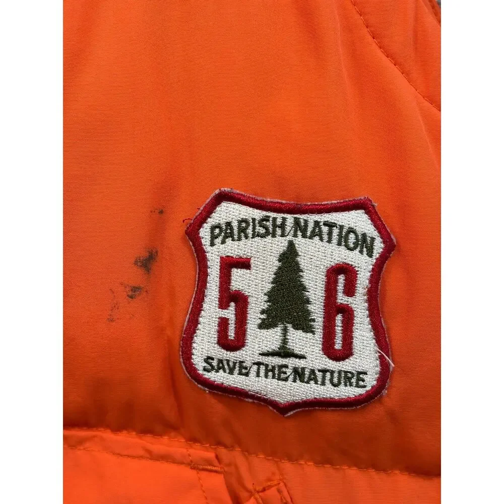 Parish Vest Mens 2XL Orange Green Puffer Sherpa Collar Embroidered Patches Logo